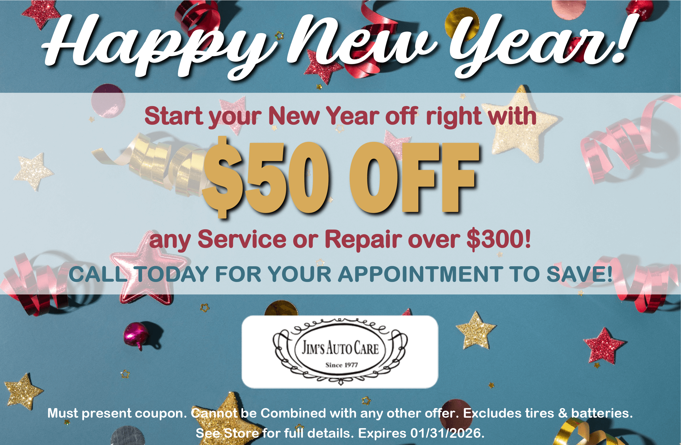 Jim's Auto Care Happy New Year $50 Off